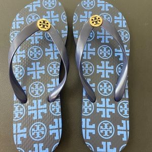NEW Tory Burch T Logo Navy Blue Flip Flops
